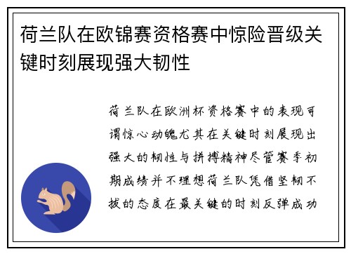 荷兰队在欧锦赛资格赛中惊险晋级关键时刻展现强大韧性